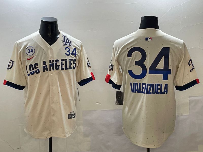 Men Los Angeles Dodgers 34 Valenzuela Cream Fashion city 2025 Nike MLB Jersey style 3